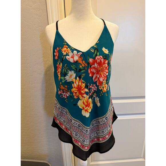 unkown Tops - Floral Boho Cami Tank | Teal Multi Print | Size Medium